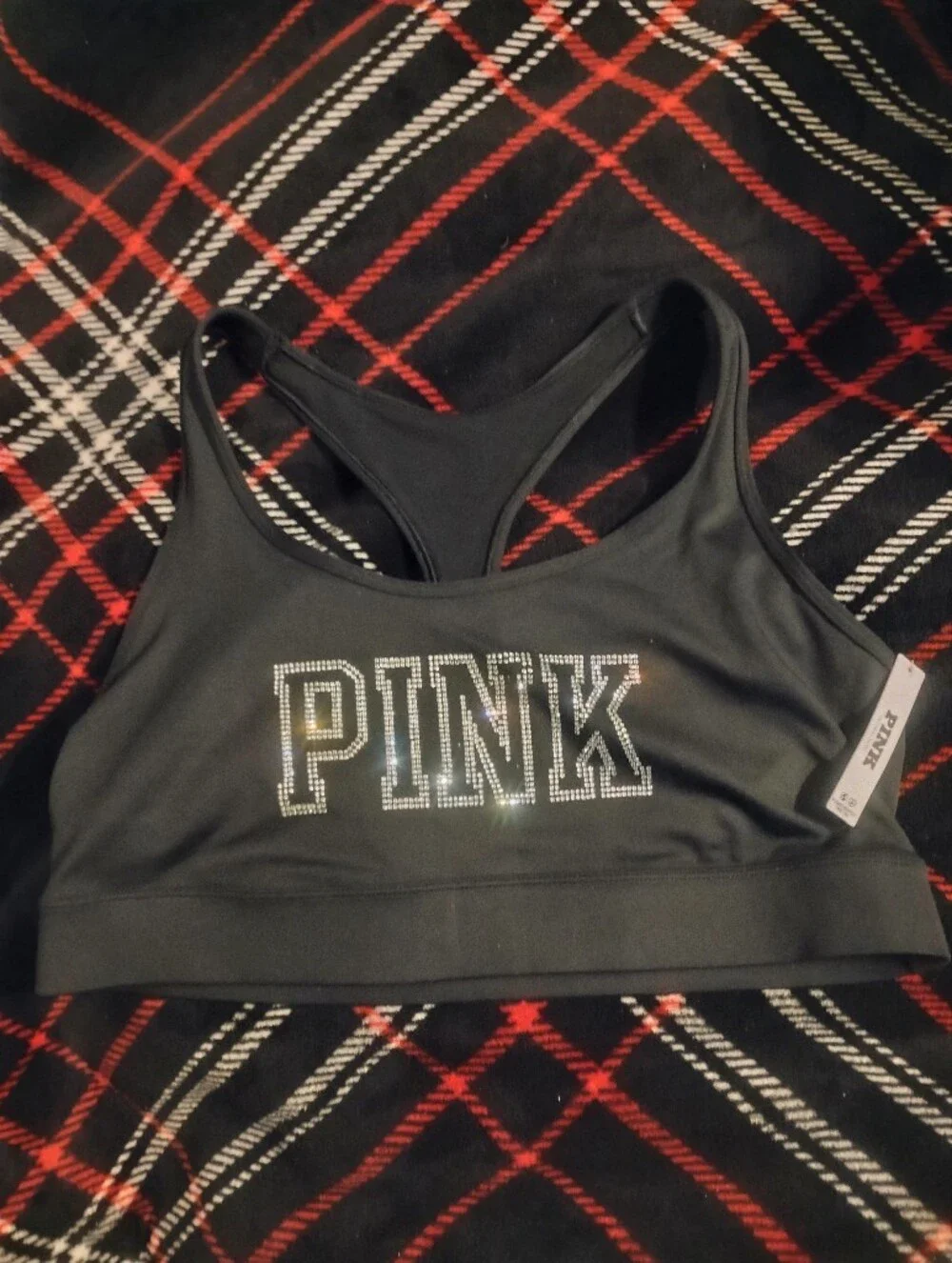 Women's Black Victoria Secret Pink Collection Sports Bra With Rhinestone Logo XL - Picture 1 of 4